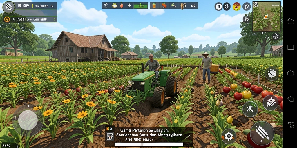 Tampilan menarik dari gameplay pertanian RR89 dengan grafik cerah.