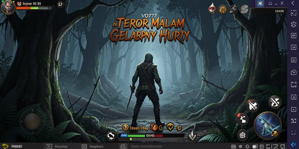 Screenshot gameplay VO777 menggambarkan suasana mencekam di dalam hutan.