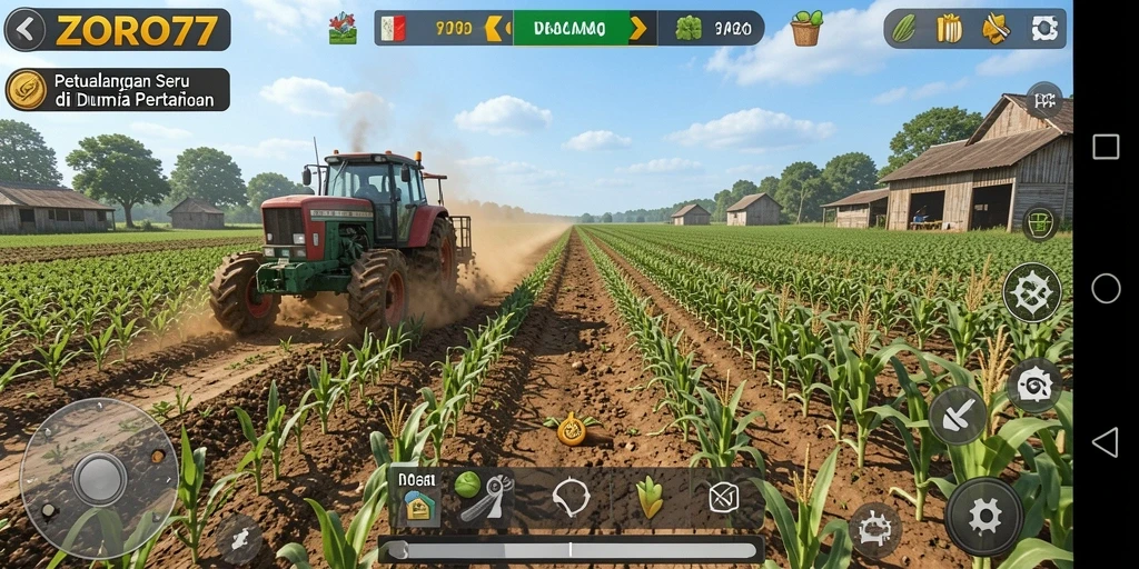 Screenshot gameplay ZORO77 menampilkan kebun yang subur dan hewan peliharaan.